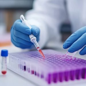 A scientist in blue gloves uses a pipette to transfer liquid from a test tube to a microplate.
